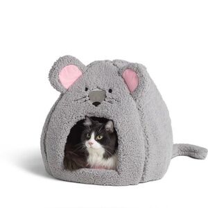 Whisker City Gray Mouse-Shaped Cat Bed with Pink Cushion Inside, even has Tail!